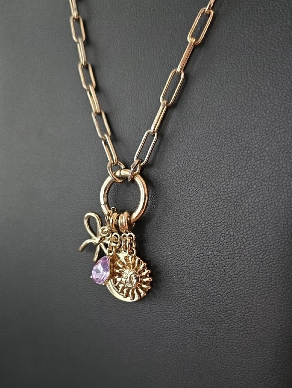 J.Crew Paperclip Charm Builder Ring Necklace Set – Bow, Sun Face, Purple Gem - Picture 2 of 12
